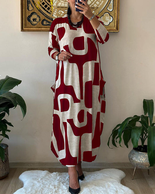 Jurk met lange mouwen en zwart witte print in de kleur Rood voor dames in stijl ideaal voor de herfst.