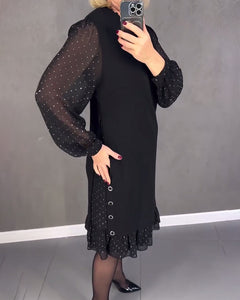 Langarmige elegante jurk met stippen in de kleur Zwart voor dames in stijl ideaal voor de herfst.