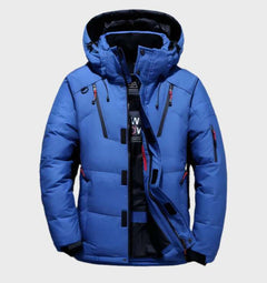 Lars | Dik en warm eendendonsjack met capuchon en zakken in de kleur Blauw voor heren in Lounge stijl ideaal voor de winter