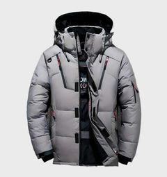 Lars | Dik en warm eendendonsjack met capuchon en zakken in de kleur Grijs voor heren in Lounge stijl ideaal voor de winter