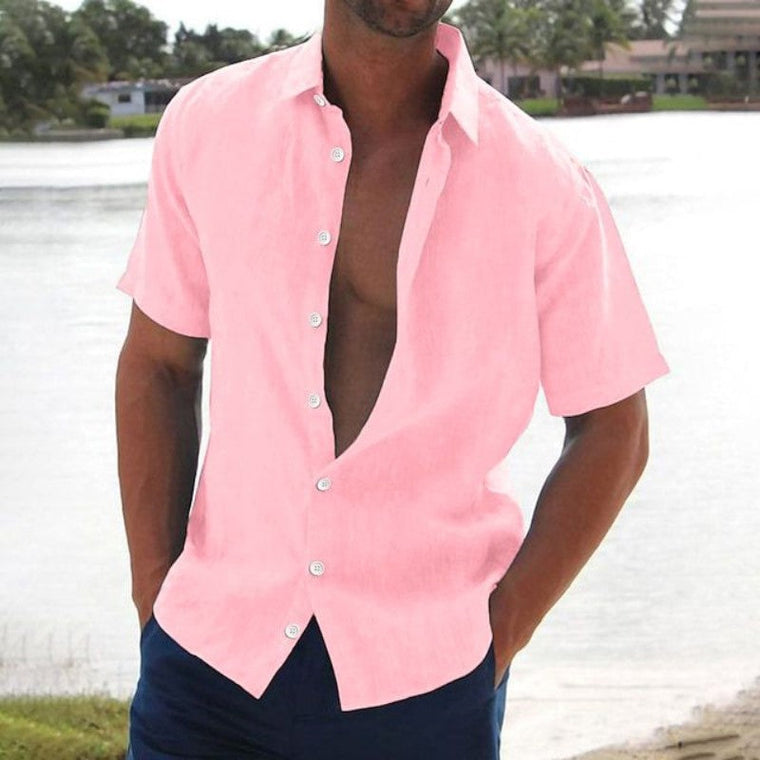Lars | Linnen casual heren overhemd met korte mouw in de kleur Roze voor heren in Smart-casual stijl ideaal voor de zomer.