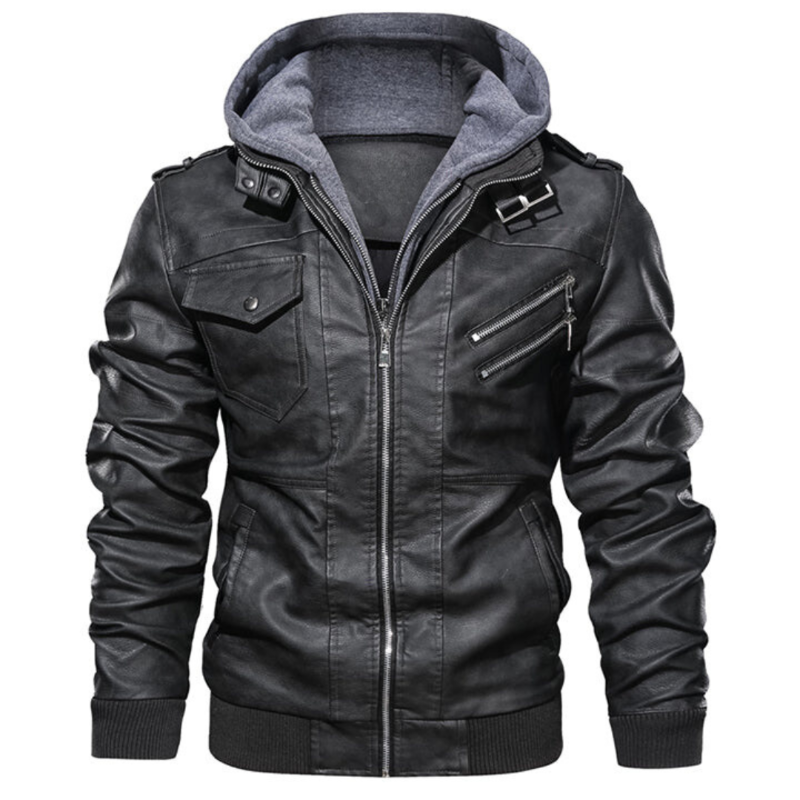 Leren Jack in met voering en capuchon voor mannen in de kleur Zwart voor heren in stijl ideaal voor de herfst.