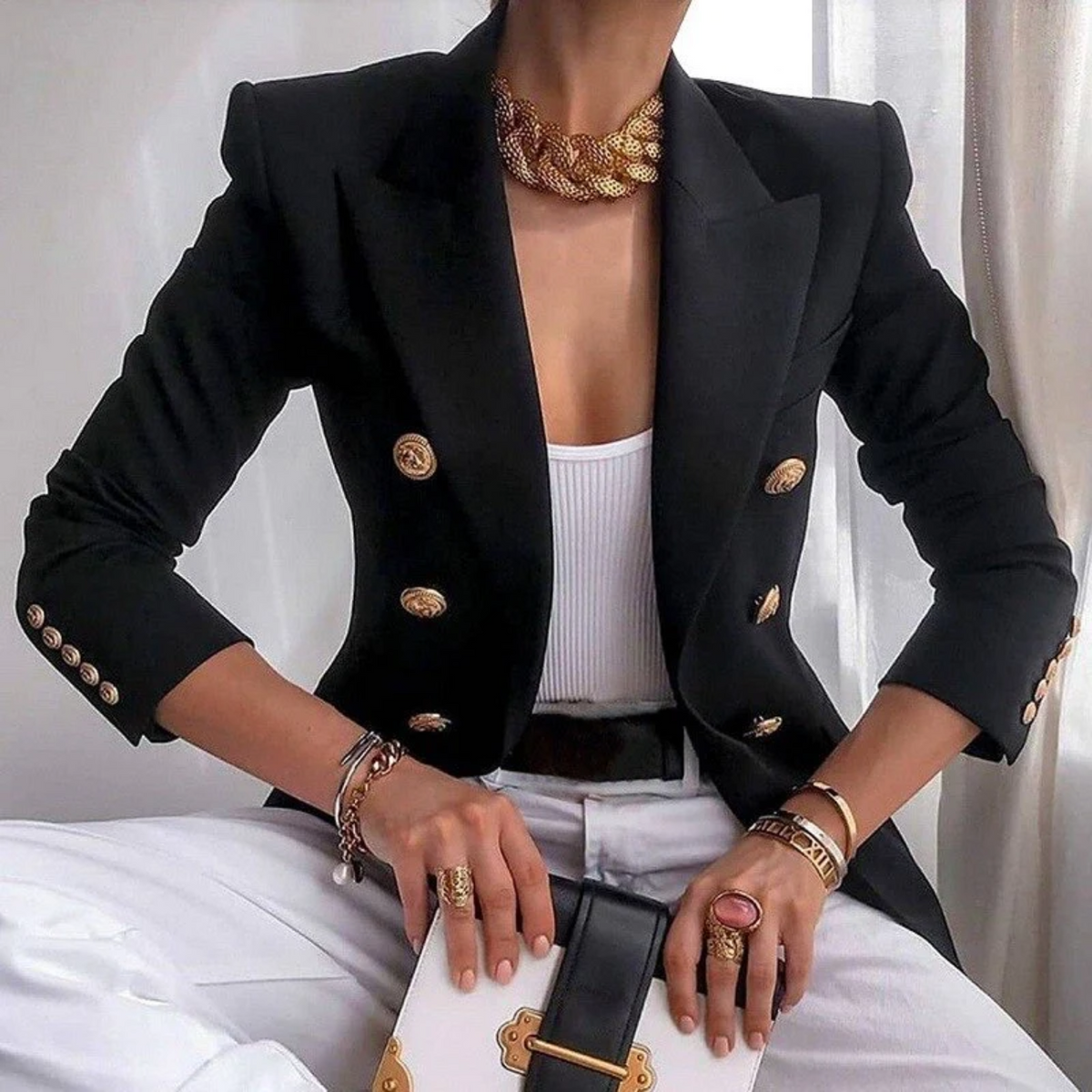 Louise | Comfortabele luxe blazer met knopen van katoen in de kleur Geel voor dames in Formal stijl geschikt voor alle seizoenen.