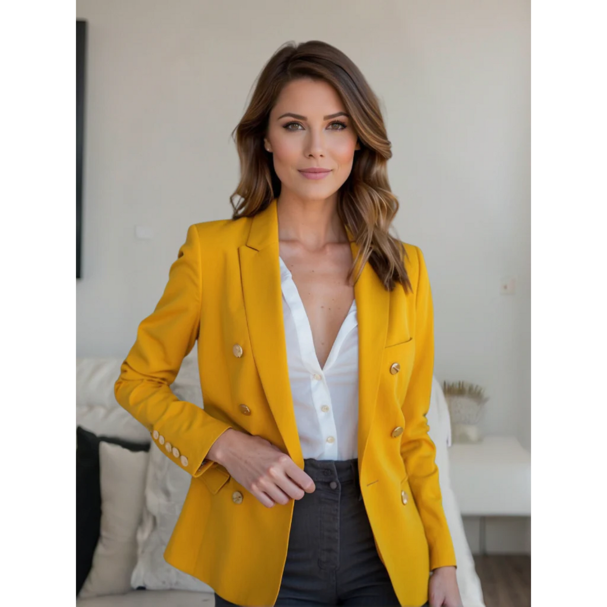 Louise | Comfortabele luxe blazer met knopen van katoen in de kleur Geel voor dames in Formal stijl geschikt voor alle seizoenen.