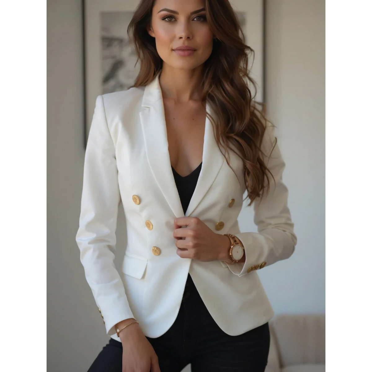 Louise | Comfortabele luxe blazer met knopen van katoen in de kleur Geel voor dames in Formal stijl geschikt voor alle seizoenen.