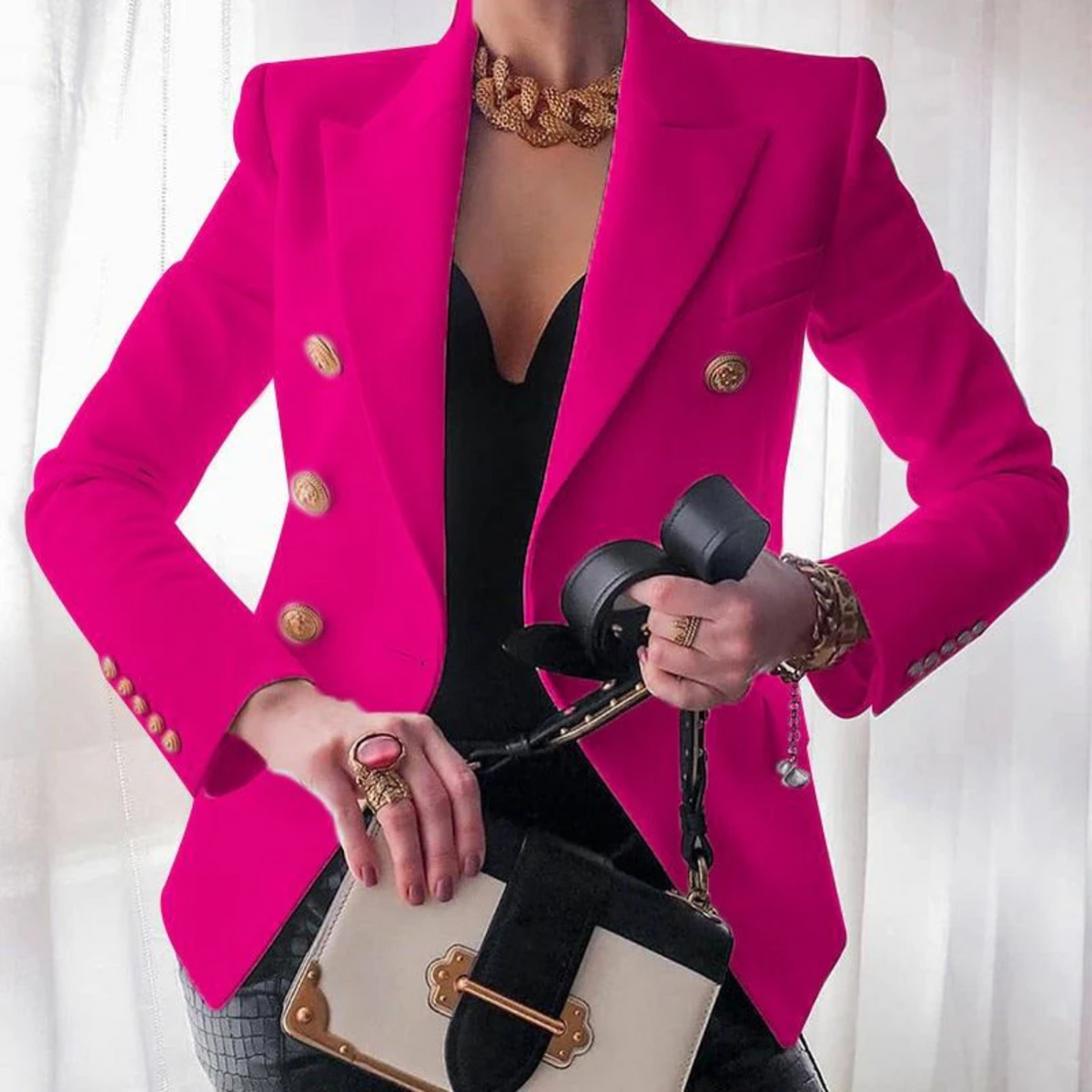 Louise | Comfortabele luxe blazer met knopen van katoen in de kleur Roze voor dames in Formal stijl geschikt voor alle seizoenen.