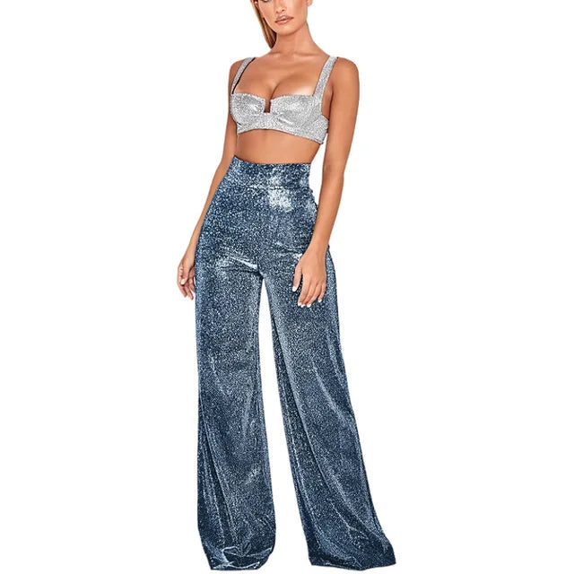 Luna | Stijlvolle dames hoge taille broek met glitters in de kleur Marineblauw voor dames in Party stijl ideaal voor de herfst.
