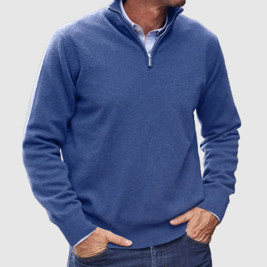 Matteo | Italiaanse kasjmier heren trui met rits in de kleur Blauw voor heren in Heritage stijl geschikt voor alle seizoenen.