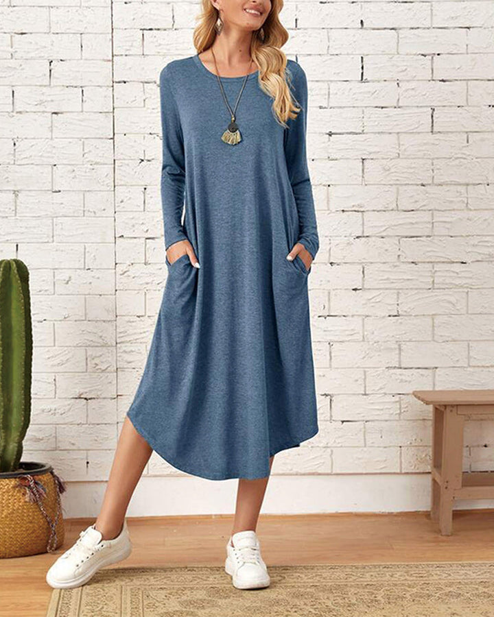 Milleke | Damesjurk met lange mouwen in de kleur Blauw voor dames in stijl ideaal voor de lente.