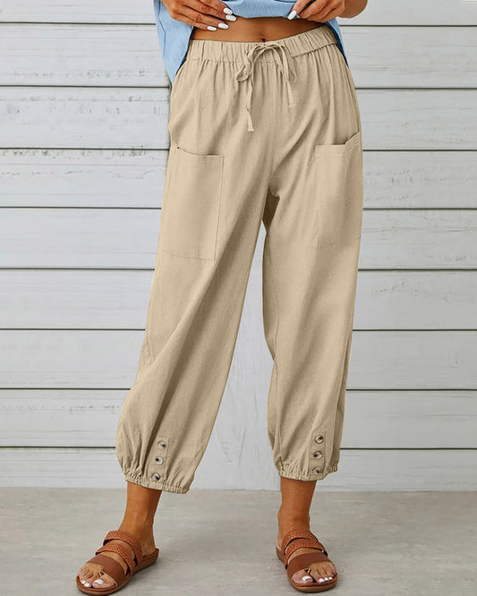 Nina | Losse broek met hoge taille in de kleur Khaki voor dames in Smart-casual stijl ideaal voor de herfst.