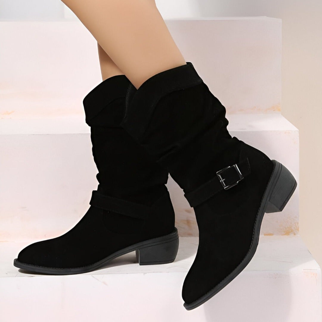 Black mid-calf boots with buckle