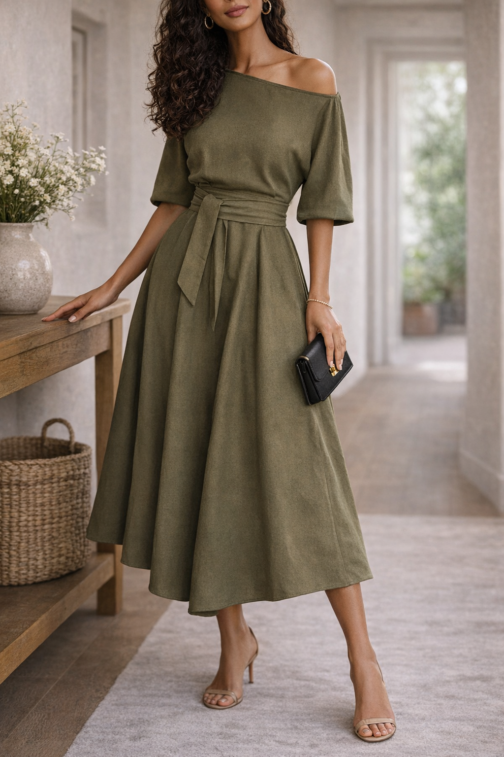 Midi dress with belt