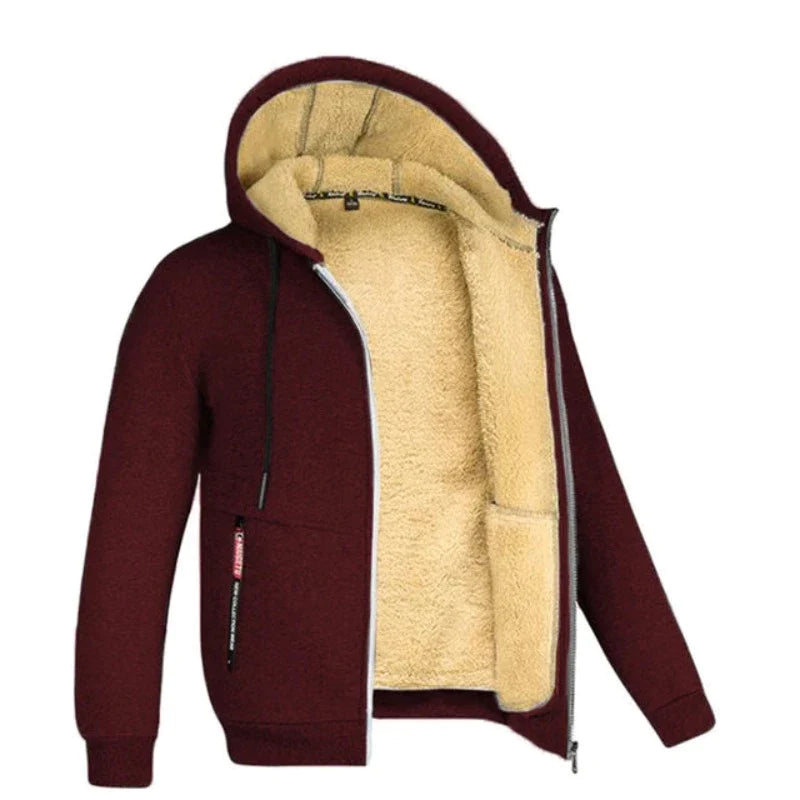 Sherpa | Wollen herenvest met capuchon in de kleur Wijnrood voor heren in Lounge stijl ideaal voor de herfst.
