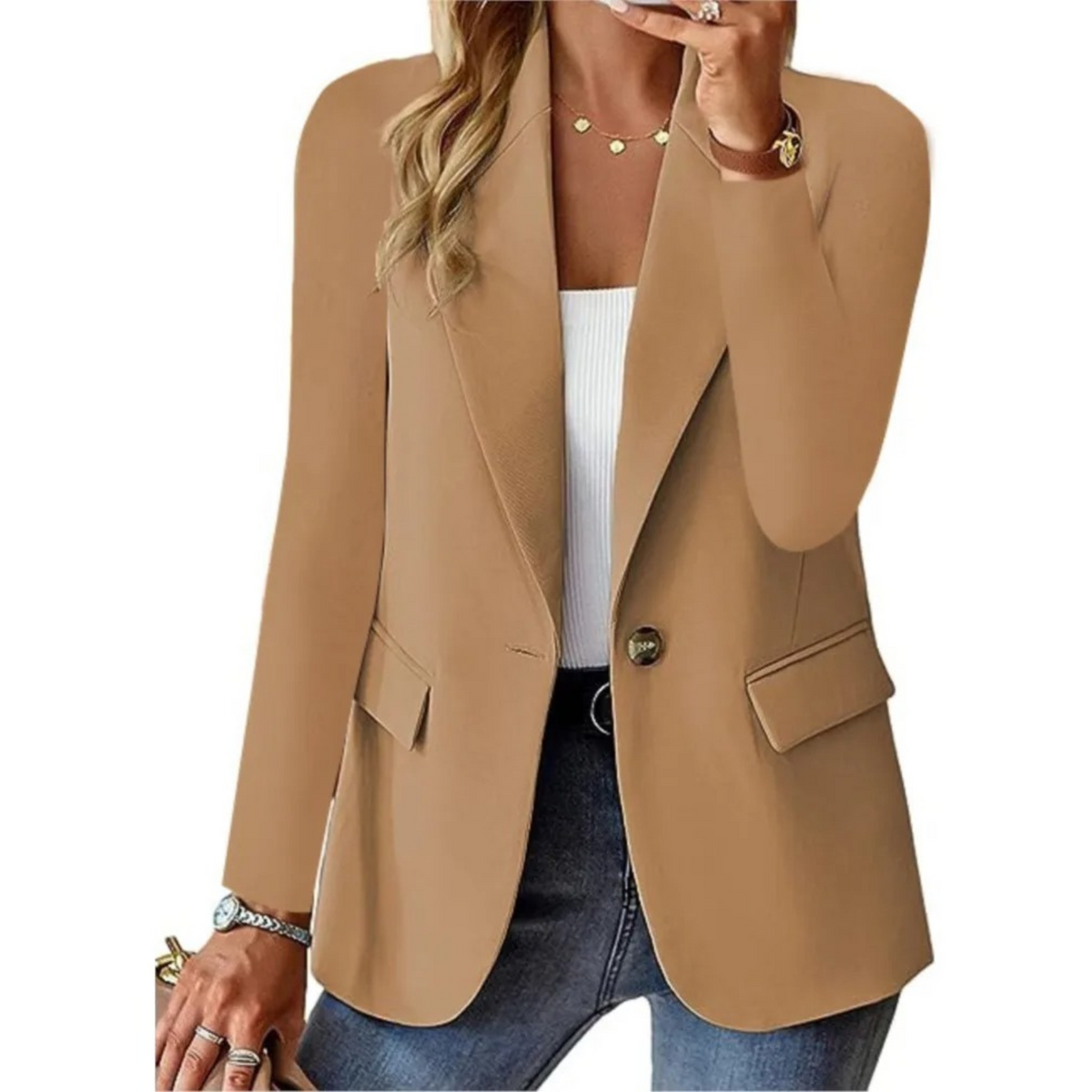 Sofie | Dames blazer met zakken en knopen in de kleur Bruin voor dames in Formal stijl geschikt voor alle seizoenen.