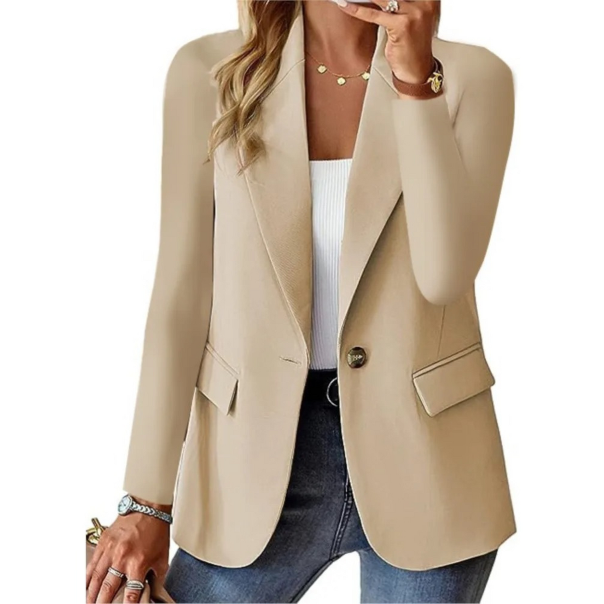 Sofie | Dames blazer met zakken en knopen in de kleur Lichtbruin voor dames in Formal stijl geschikt voor alle seizoenen.