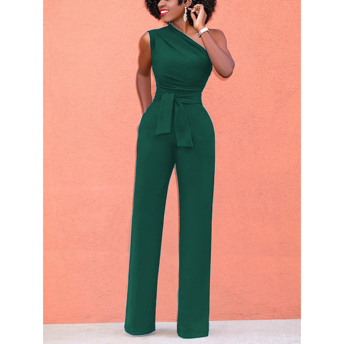 Sophie | Jumpsuit met wijde broek en korte mouwen in de kleur Groen voor dames in Party stijl ideaal voor de herfst.