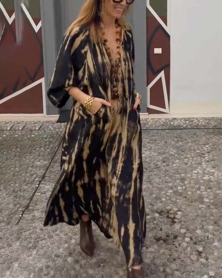 Vintage maxi jurk met zakken in de kleur Khaki voor dames in Heritage stijl ideaal voor de lente.