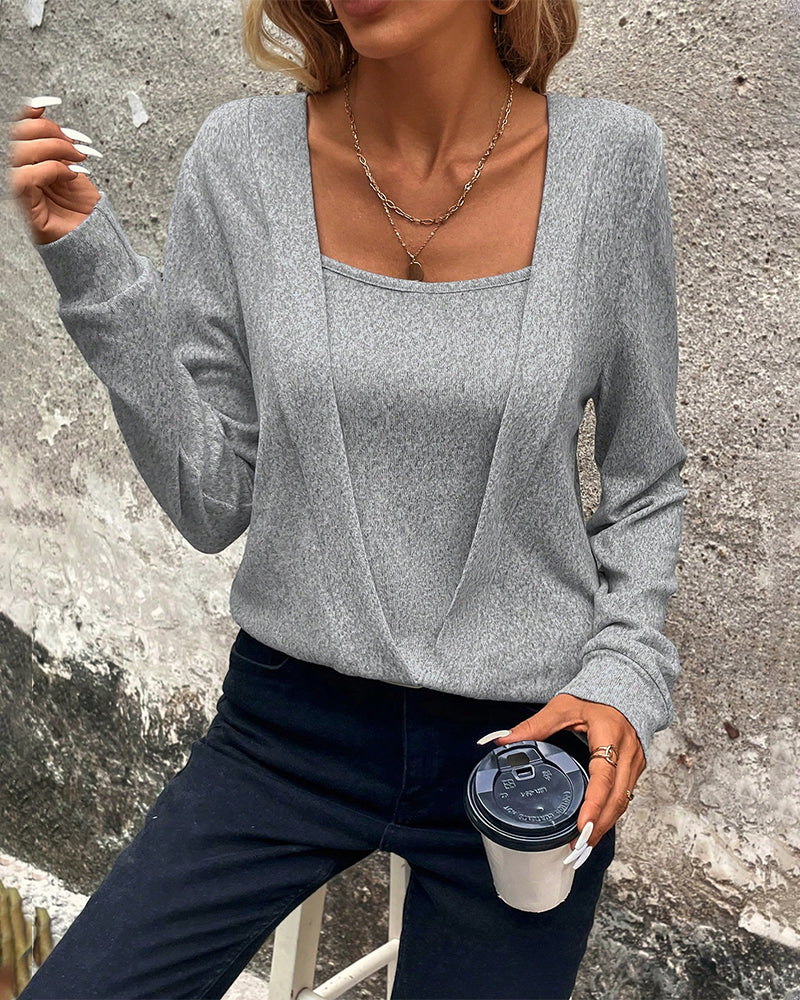 Effen patchworktop met vierkante hals in de kleur Grijs voor dames in stijl ideaal voor de herfst.