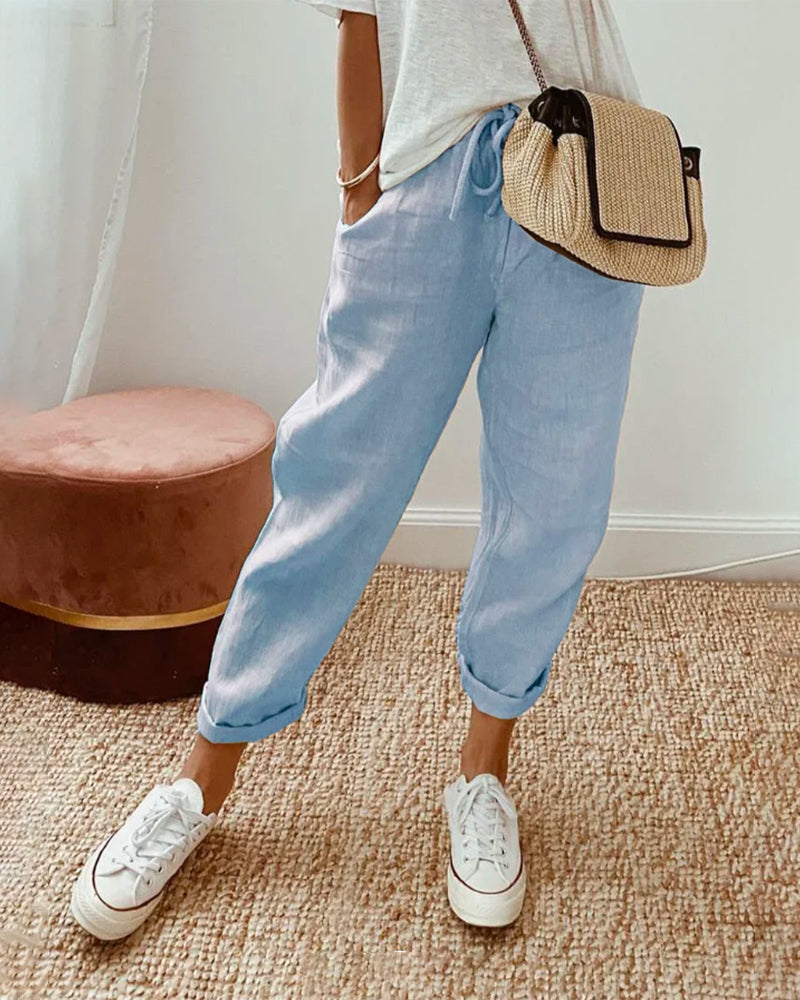 Laura | Pantalon van cotton en linnen in de kleur Blauw voor dames in Formal stijl ideaal voor de herfst.