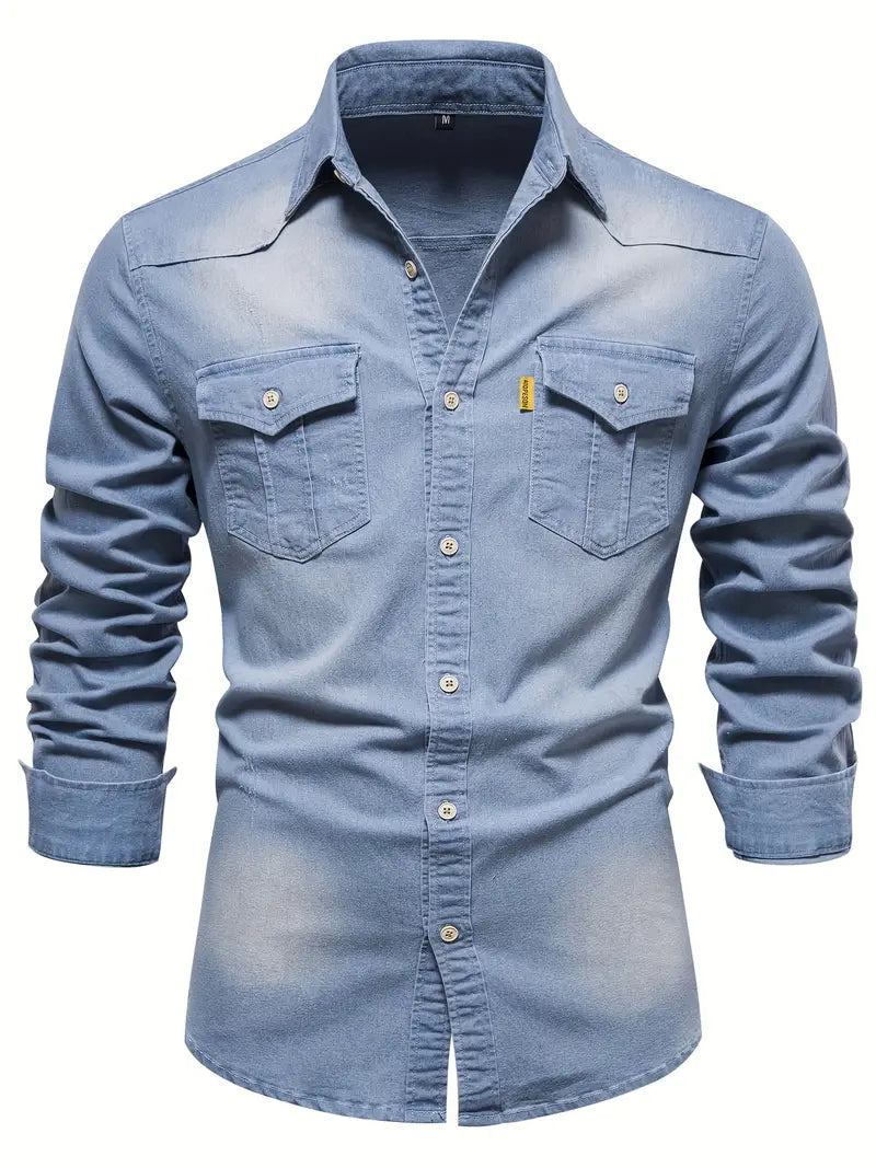 Martin | Elastisch katoenen denim overhemd in de kleur Lichtblauw voor heren in Heritage stijl geschikt voor alle seizoenen.