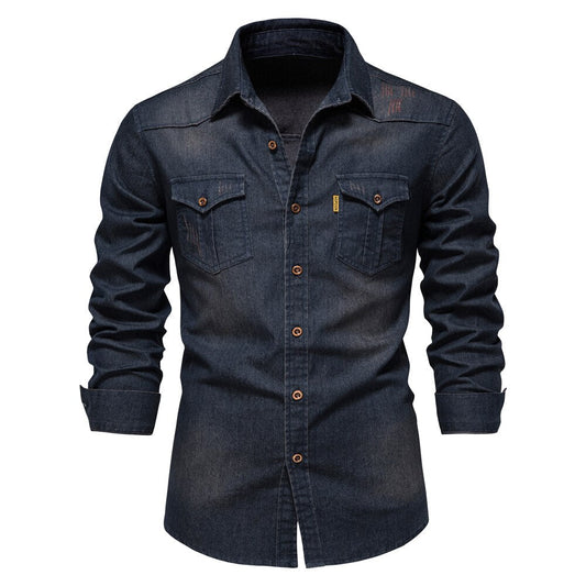 Martin | Elastisch katoenen denim overhemd in de kleur Marineblauw voor heren in Heritage stijl geschikt voor alle seizoenen.