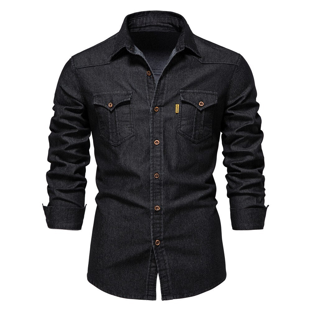 Martin | Elastisch katoenen denim overhemd in de kleur Zwart voor heren in Heritage stijl geschikt voor alle seizoenen.