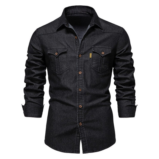Martin | Elastisch katoenen denim overhemd in de kleur Zwart voor heren in Heritage stijl geschikt voor alle seizoenen.